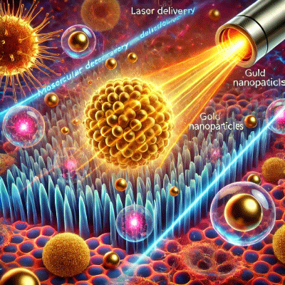 Image depicting biophotonics applications with gold nanoparticles. It visually represents cellular-level processes like molecular delivery and membrane permeabilization.